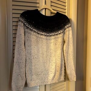 Talbots Zip Back Sweater Beaded Long Sleeve Crew Neck Fair Isle Design